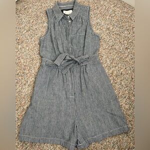 Anthropologie Linen/Cotton Blend  Blue & White Railroad Striped Romper